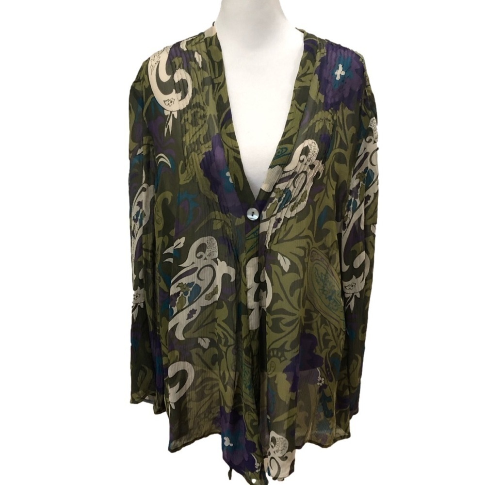CHICO’S silk over shirt one button front closure jewel tones semi-sheer. Size 3